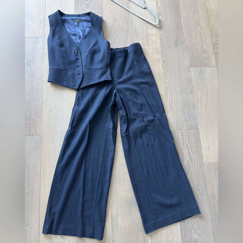 Rag & Bone Navy Vest & Wide Leg Pants Set Tailored Suit 2 Piece